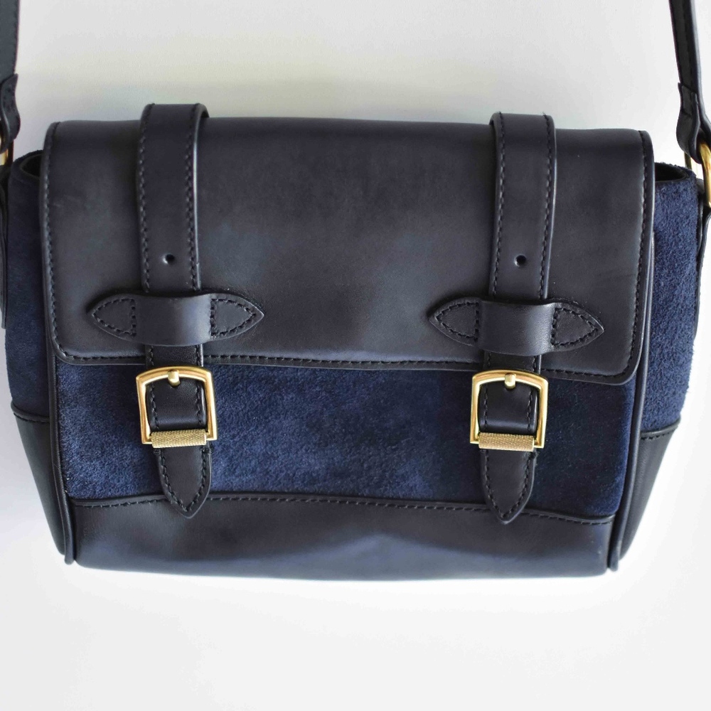 J. Crew Navy and Black Leather Suede Buckle Crossbody